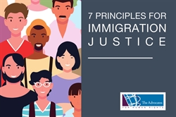 [ai] An illustration featuring a diverse group of people with various hairstyles and clothing. Text on the right side states "7 Principles for Immigration Justice". The logo of The Advocates for Human Rights is also visible at the bottom.